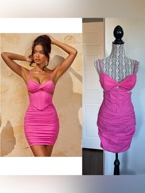 Oh Polly Corset Jaslene Barbiecore Cotton Ruched Cut Out Dress. Size 8. Hot Pink
